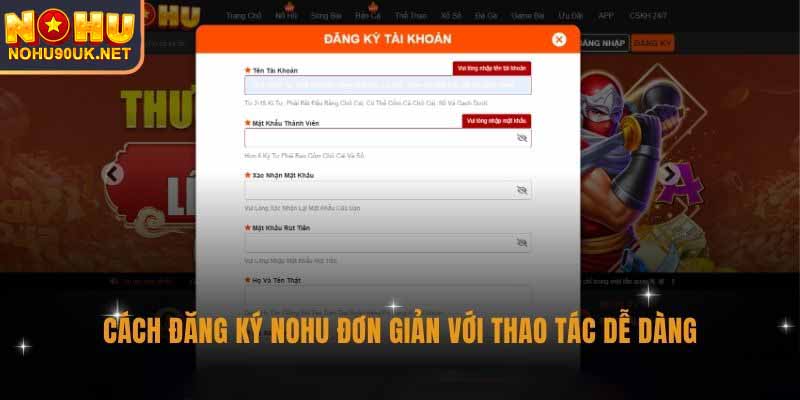 Thao tác đăng ký tài khoản Nohu90